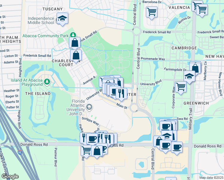 map of restaurants, bars, coffee shops, grocery stores, and more near 1203 Town Center Drive in Jupiter