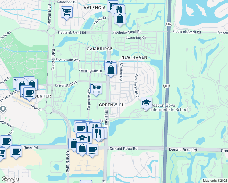 map of restaurants, bars, coffee shops, grocery stores, and more near 4741 Military Trail in Jupiter