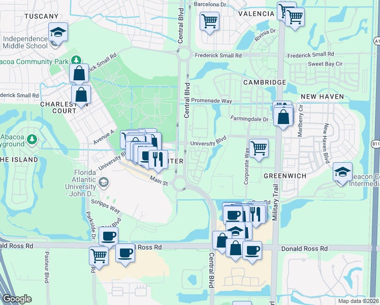 map of restaurants, bars, coffee shops, grocery stores, and more near 119 West Indian Crossing Circle in Jupiter