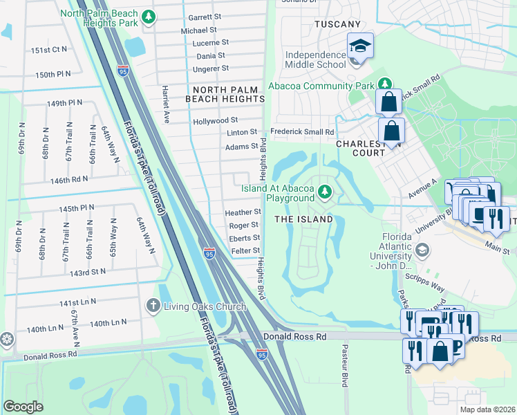 map of restaurants, bars, coffee shops, grocery stores, and more near 6038 Kendrick Street in Jupiter