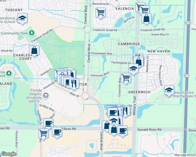map of restaurants, bars, coffee shops, grocery stores, and more near 105 East Indian Crossing Circle in Jupiter
