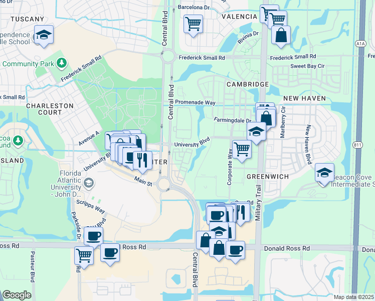 map of restaurants, bars, coffee shops, grocery stores, and more near 103 East Indian Crossing Circle in Jupiter