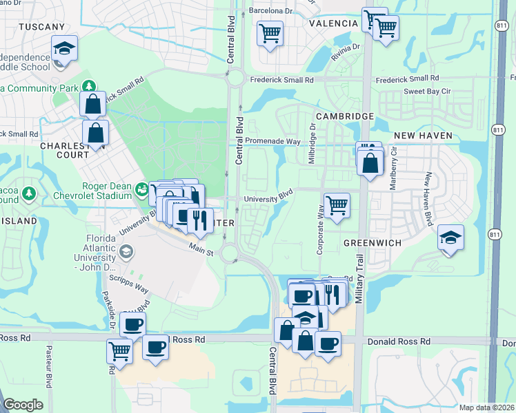 map of restaurants, bars, coffee shops, grocery stores, and more near 888 University Boulevard in Jupiter