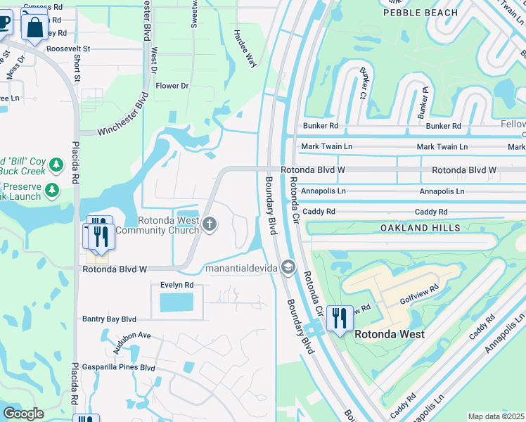 map of restaurants, bars, coffee shops, grocery stores, and more near 183 Boundary Boulevard in Rotonda West