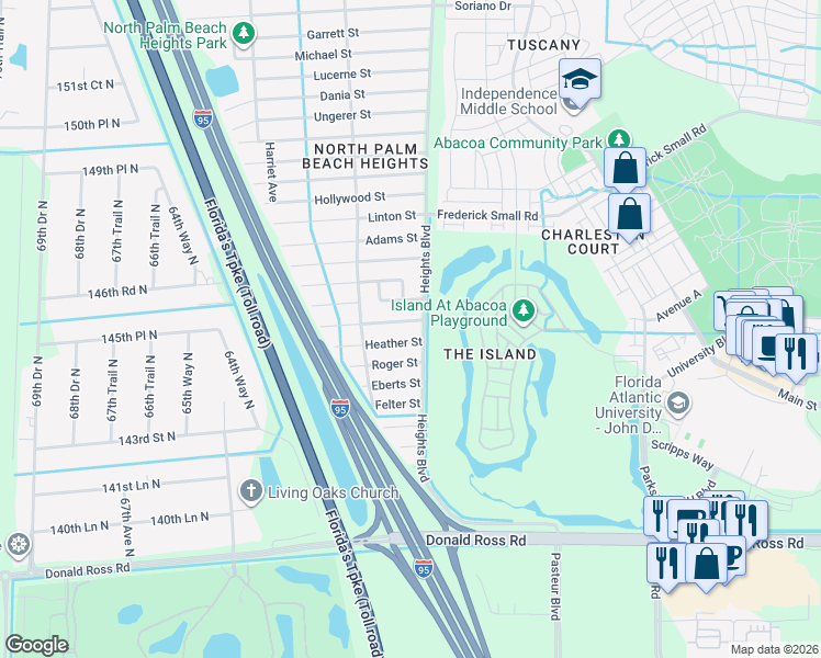 map of restaurants, bars, coffee shops, grocery stores, and more near 6038 Kendrick Street in Jupiter