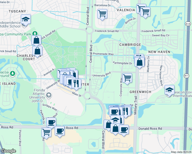 map of restaurants, bars, coffee shops, grocery stores, and more near 104 Arpeicka Lane in Jupiter