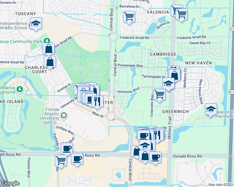 map of restaurants, bars, coffee shops, grocery stores, and more near 892 University Boulevard in Jupiter