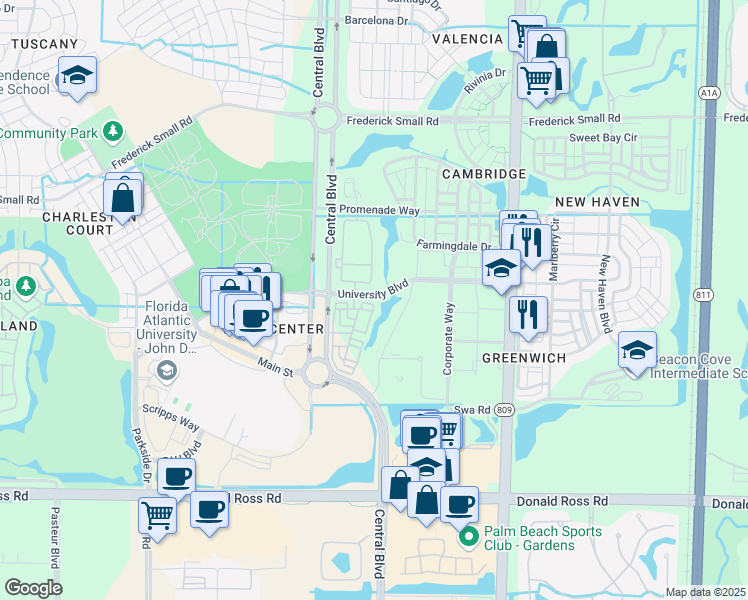 map of restaurants, bars, coffee shops, grocery stores, and more near 802 University Boulevard in Jupiter