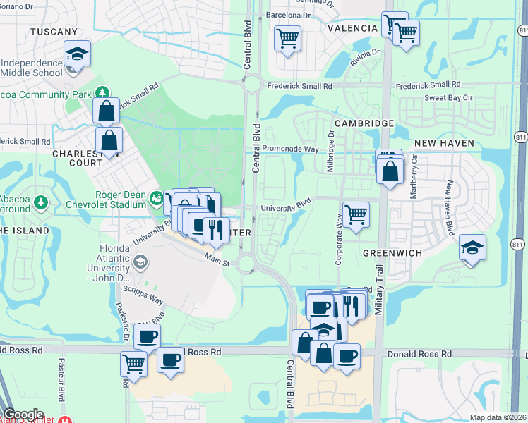 map of restaurants, bars, coffee shops, grocery stores, and more near 888 University Boulevard in Jupiter