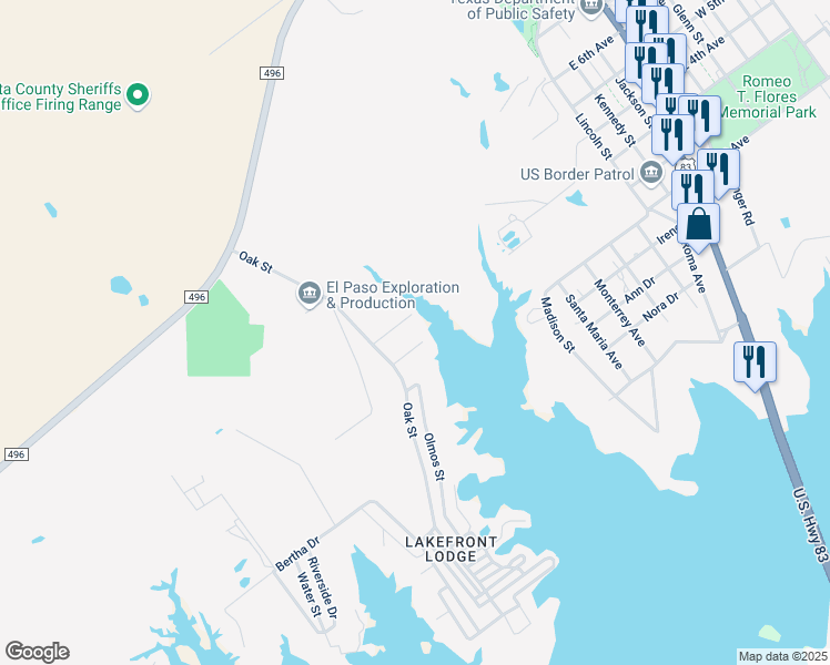 map of restaurants, bars, coffee shops, grocery stores, and more near 115 Overview Drive in Zapata