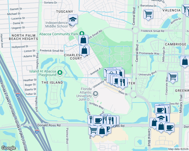 map of restaurants, bars, coffee shops, grocery stores, and more near 4688 Main Street in Jupiter