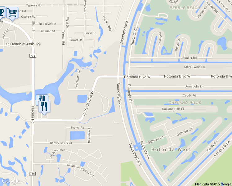 map of restaurants, bars, coffee shops, grocery stores, and more near 183 Boundary Boulevard in Rotonda West