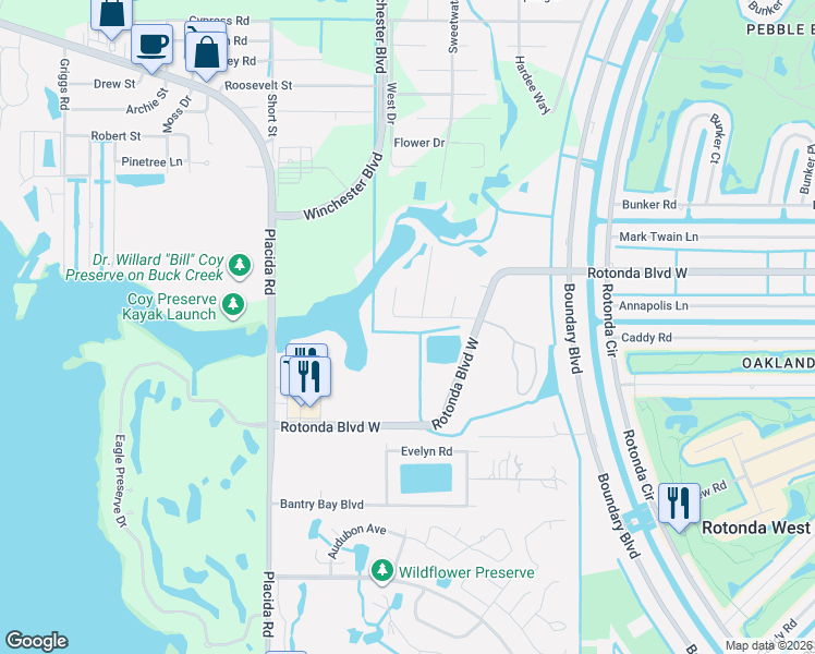 map of restaurants, bars, coffee shops, grocery stores, and more near 115 Normandy Way in Rotonda West