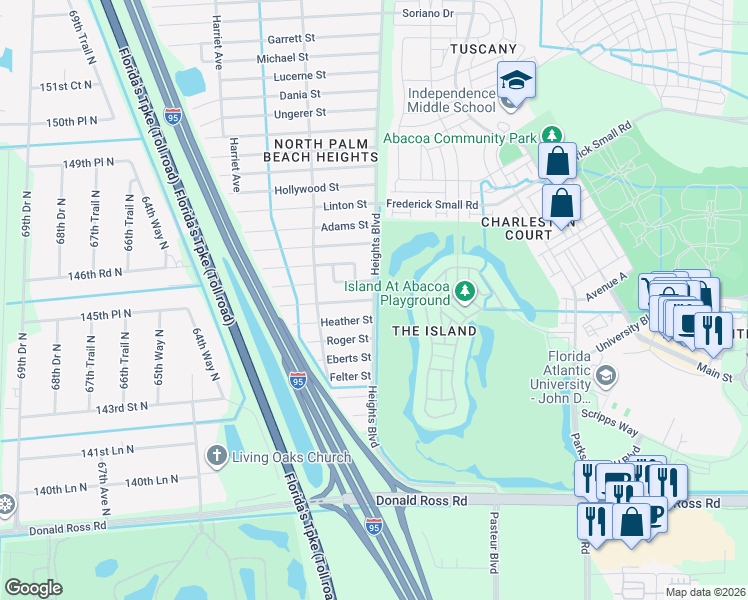 map of restaurants, bars, coffee shops, grocery stores, and more near Heights Blvd & Kendrick St in Jupiter