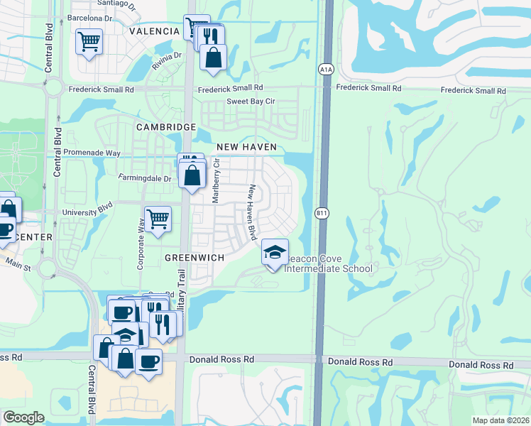 map of restaurants, bars, coffee shops, grocery stores, and more near 208 Honeysuckle Drive in Jupiter