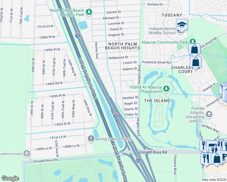 map of restaurants, bars, coffee shops, grocery stores, and more near 6226 Kendrick Street in Jupiter