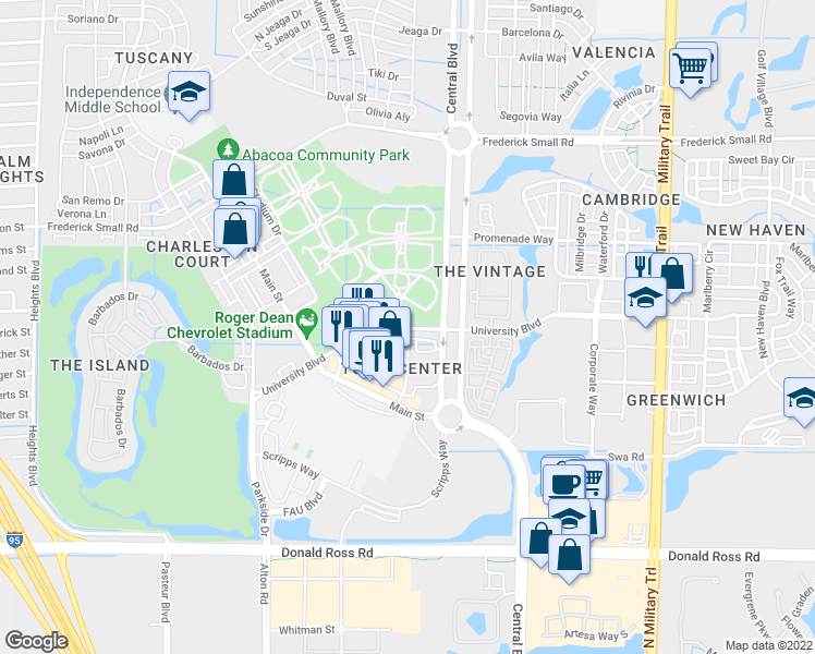 map of restaurants, bars, coffee shops, grocery stores, and more near University Blvd & Chancellor Dr in Jupiter