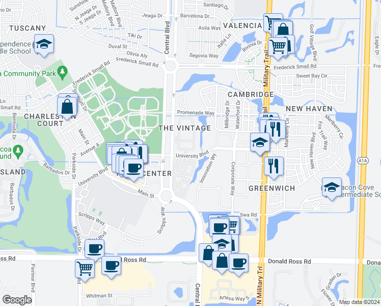 map of restaurants, bars, coffee shops, grocery stores, and more near 803 University Boulevard in Jupiter