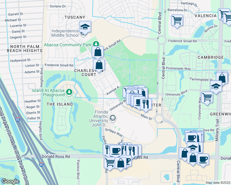 map of restaurants, bars, coffee shops, grocery stores, and more near Main Street in Jupiter