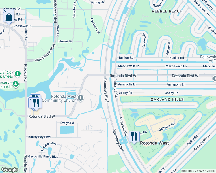 map of restaurants, bars, coffee shops, grocery stores, and more near 183 Boundary Boulevard in Rotonda West