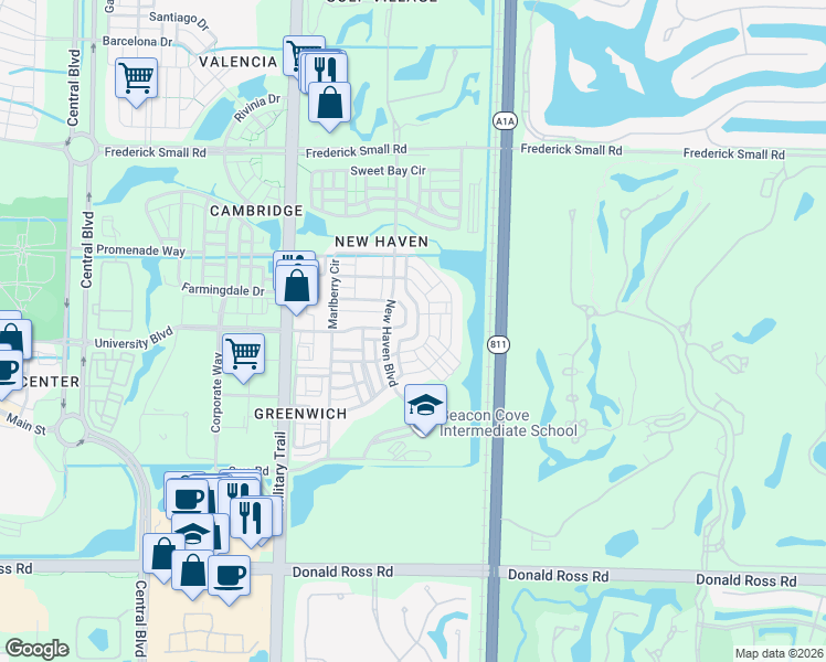 map of restaurants, bars, coffee shops, grocery stores, and more near 208 Honeysuckle Drive in Jupiter