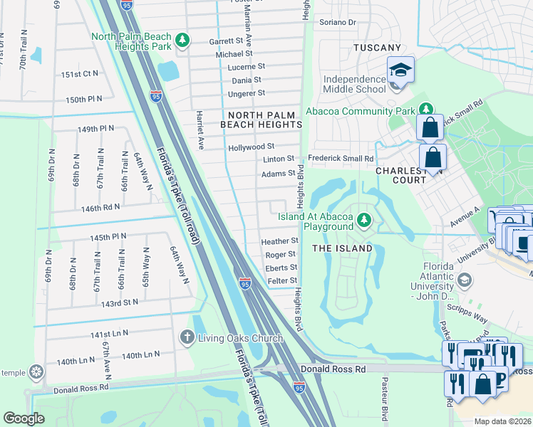 map of restaurants, bars, coffee shops, grocery stores, and more near 6130 Francis Street in Jupiter