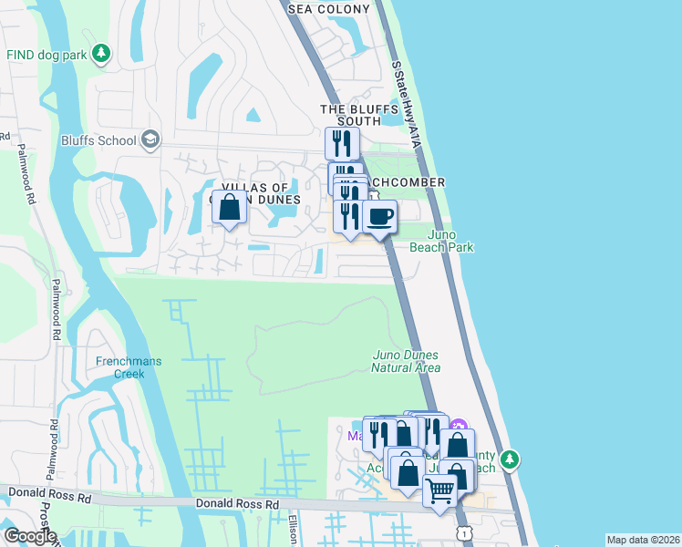 map of restaurants, bars, coffee shops, grocery stores, and more near 14661 U.S. Highway 1 in Juno Beach