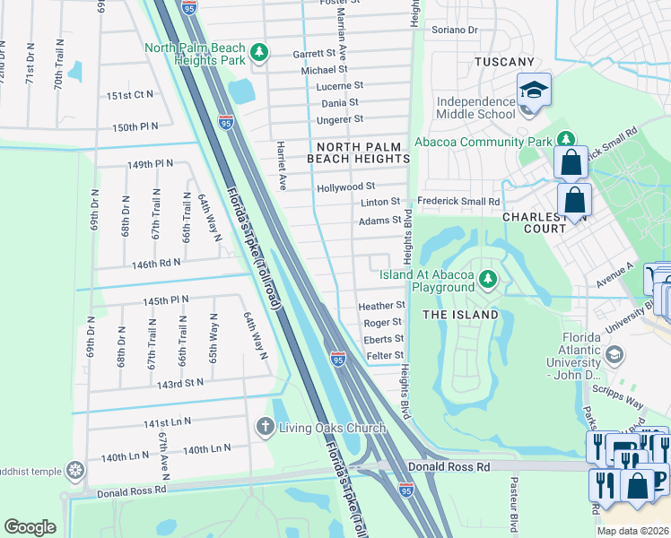 map of restaurants, bars, coffee shops, grocery stores, and more near 6224 Francis Street in Jupiter