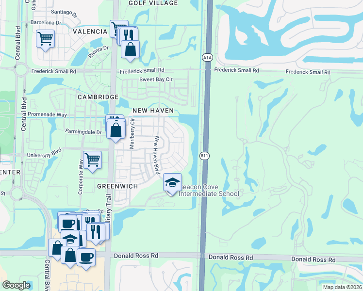 map of restaurants, bars, coffee shops, grocery stores, and more near 290 Marlberry Circle in Jupiter