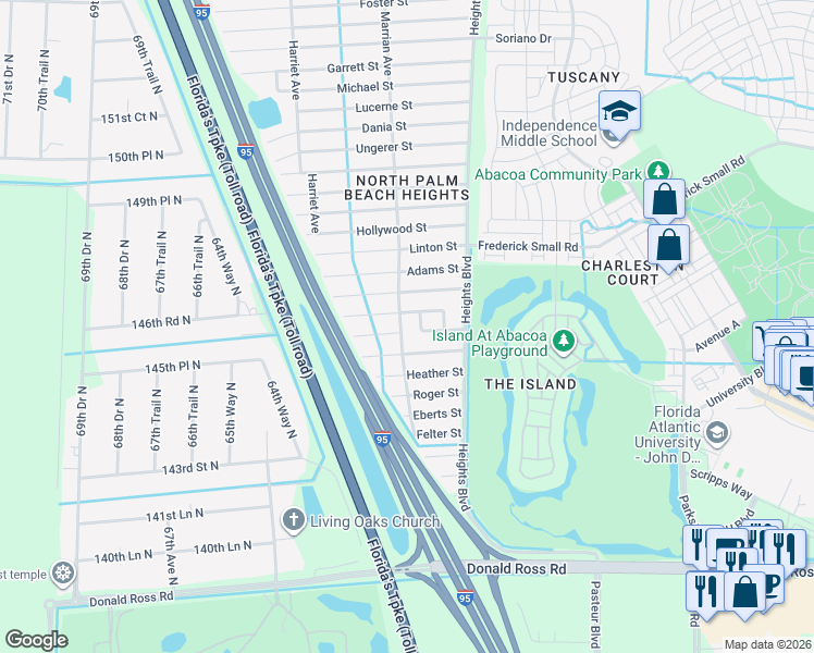 map of restaurants, bars, coffee shops, grocery stores, and more near 6130 Francis Street in Jupiter