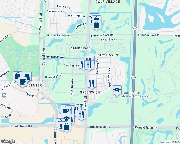 map of restaurants, bars, coffee shops, grocery stores, and more near 4575 Military Trail in Jupiter