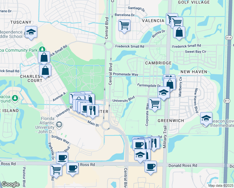 map of restaurants, bars, coffee shops, grocery stores, and more near 863 University Boulevard in Jupiter