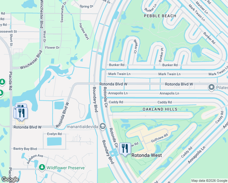 map of restaurants, bars, coffee shops, grocery stores, and more near 281 Rotonda Boulevard West in Rotonda West