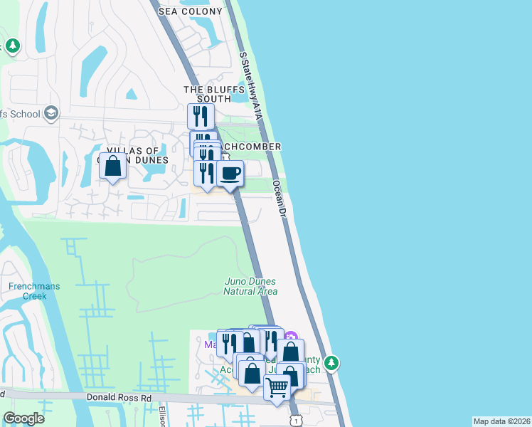 map of restaurants, bars, coffee shops, grocery stores, and more near 700 Ocean Royale in Juno Beach
