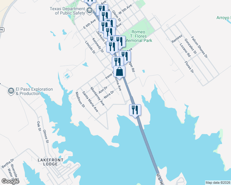 map of restaurants, bars, coffee shops, grocery stores, and more near 201 Nora Drive in Zapata