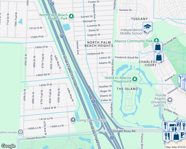 map of restaurants, bars, coffee shops, grocery stores, and more near 6224 Francis Street in Jupiter
