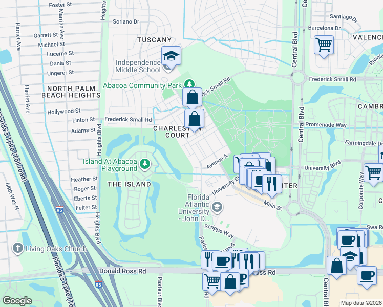 map of restaurants, bars, coffee shops, grocery stores, and more near 225 Murray Court in Jupiter