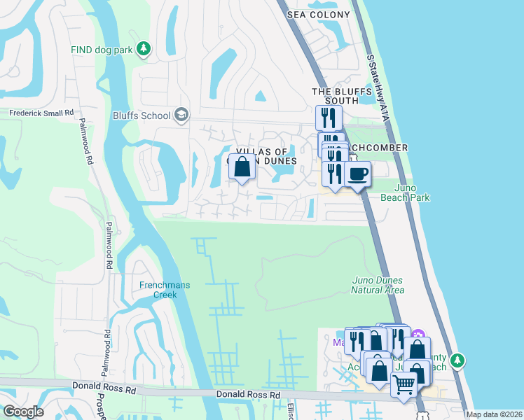 map of restaurants, bars, coffee shops, grocery stores, and more near f21 Juno Ocean Walk in North Palm Beach