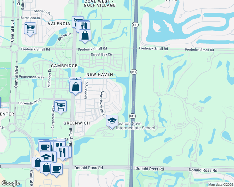 map of restaurants, bars, coffee shops, grocery stores, and more near 176 Satin Leaf Drive in Jupiter