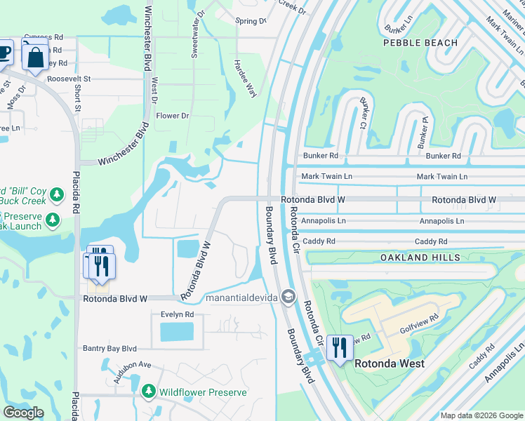 map of restaurants, bars, coffee shops, grocery stores, and more near 195 Boundary Boulevard in Rotonda West