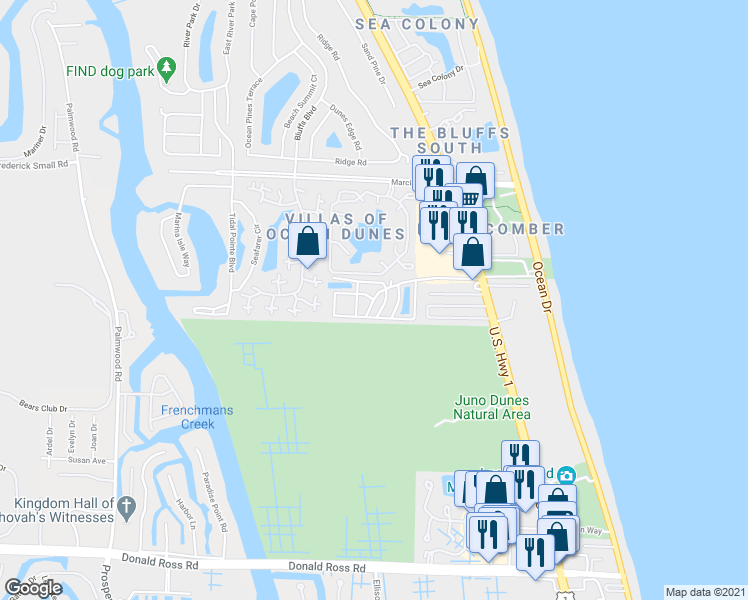 map of restaurants, bars, coffee shops, grocery stores, and more near 900 Juno Ocean Walk in Juno Beach