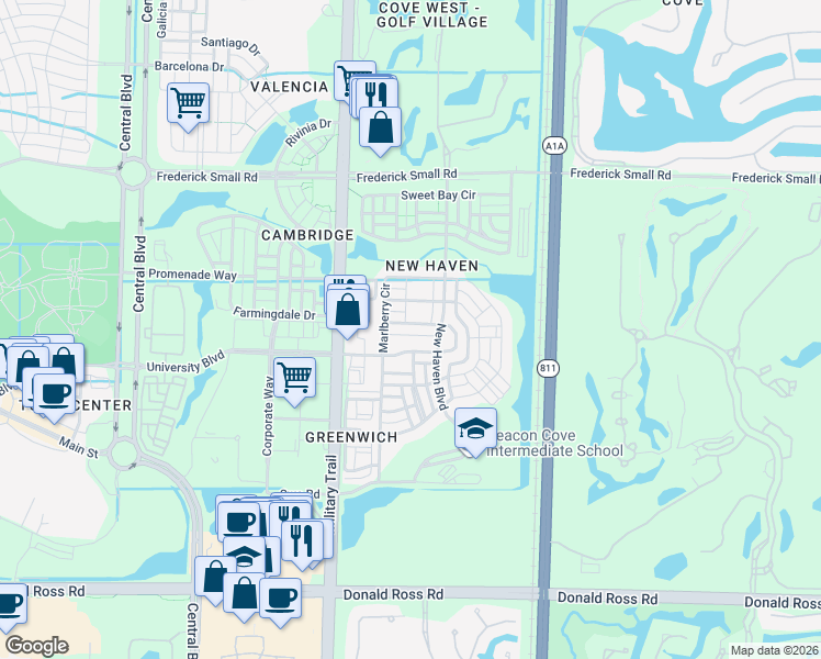 map of restaurants, bars, coffee shops, grocery stores, and more near 231 Poinciana Drive in Jupiter