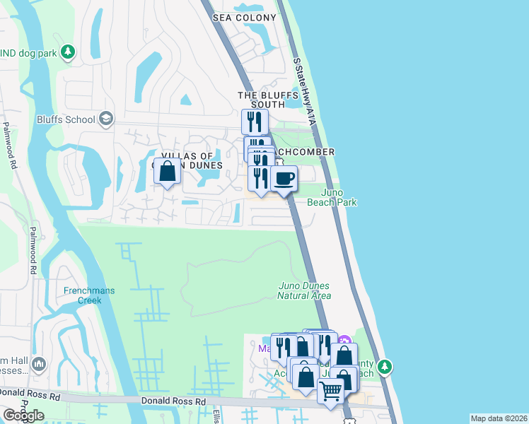 map of restaurants, bars, coffee shops, grocery stores, and more near 122 Ocean Breeze Drive in Juno Beach