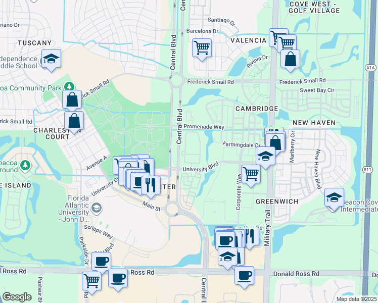 map of restaurants, bars, coffee shops, grocery stores, and more near 863 University Boulevard in Jupiter