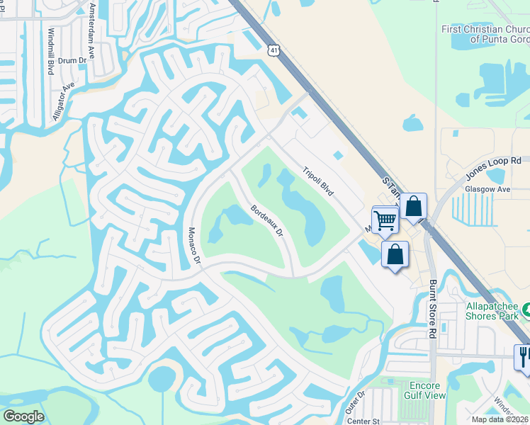 map of restaurants, bars, coffee shops, grocery stores, and more near 3812 Bordeaux Drive in Punta Gorda