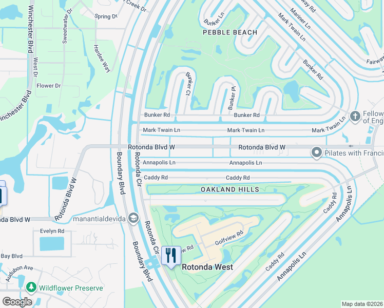 map of restaurants, bars, coffee shops, grocery stores, and more near 255 Rotonda Boulevard West in Rotonda West