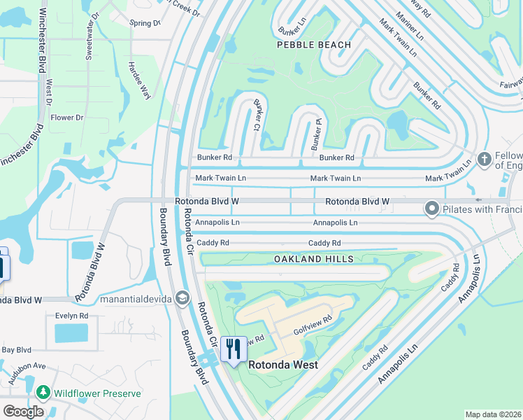map of restaurants, bars, coffee shops, grocery stores, and more near 255 Rotonda Boulevard West in Rotonda West