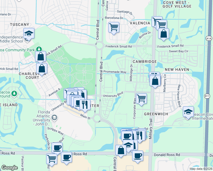 map of restaurants, bars, coffee shops, grocery stores, and more near 863 University Boulevard in Jupiter