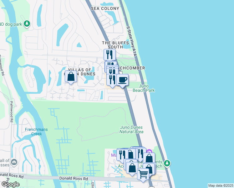 map of restaurants, bars, coffee shops, grocery stores, and more near 122 Ocean Breeze Drive in Juno Beach