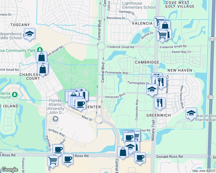 map of restaurants, bars, coffee shops, grocery stores, and more near 863 University Boulevard in Jupiter